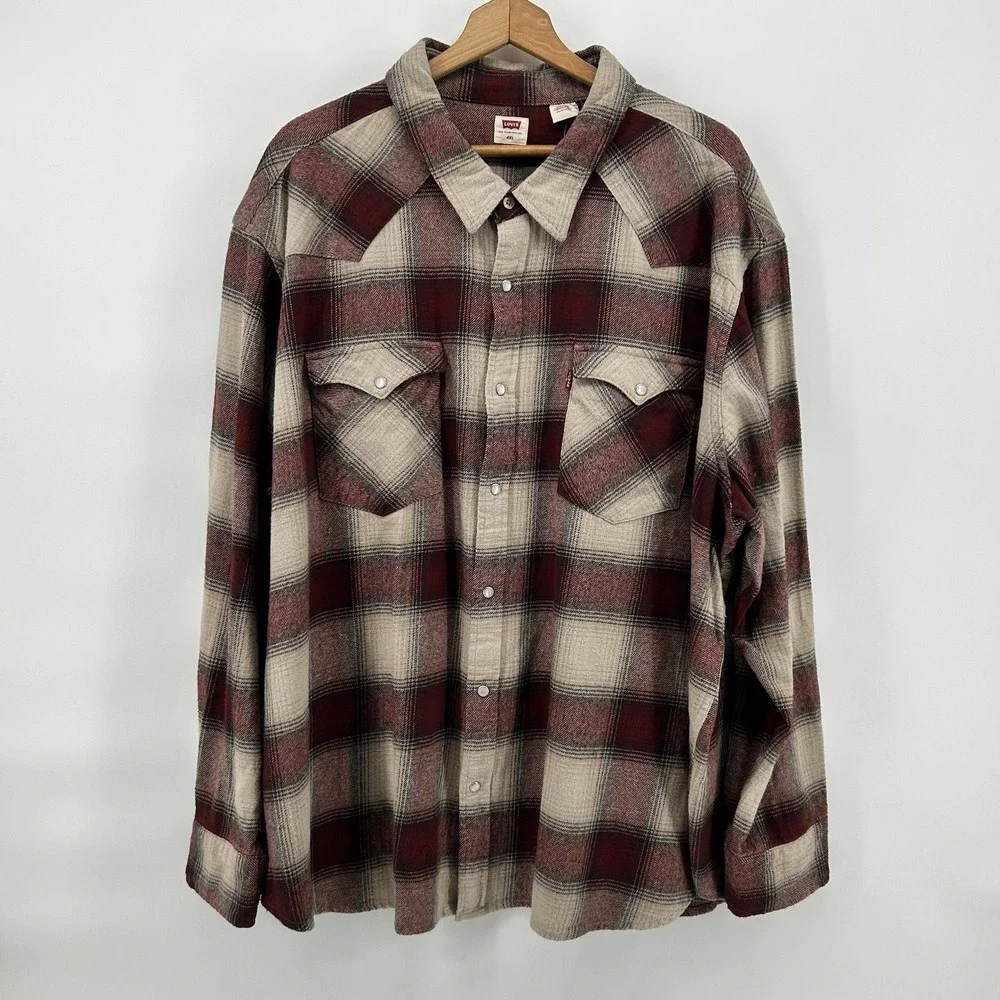 Levi's Standard The Western 4XL Pearl Snap Red Beige Flannel Big &‎ Tall NWT!